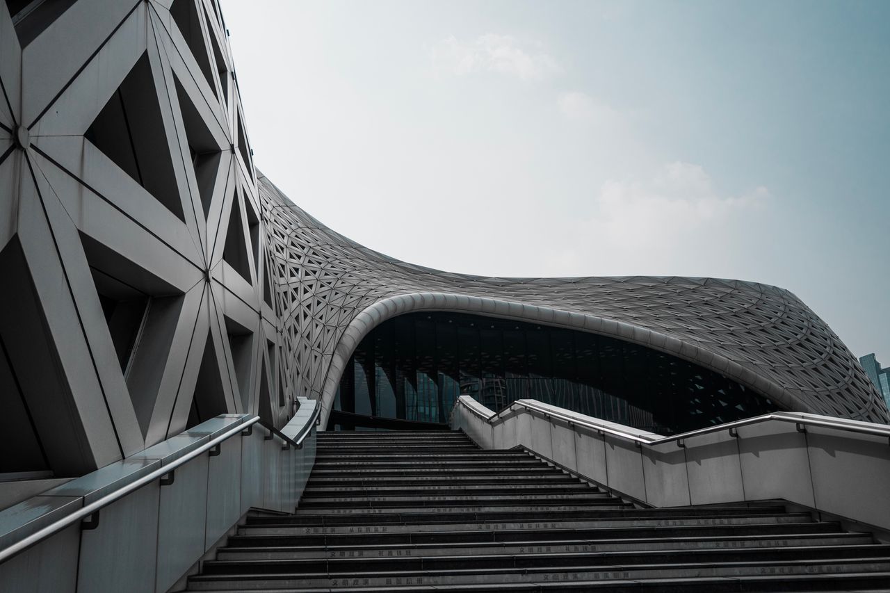 Striking modern architecture with geometric patterns and a dynamic facade.